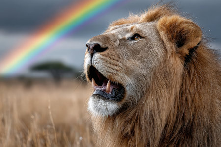 A powerful lion stands proudly, looking up at a brilliant rainbow arch across a stormy sky in the savannah.の写真素材