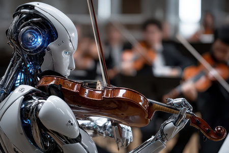 A humanoid robot skillfully plays the violin alongside musicians in formal attitude at a concert.の写真素材