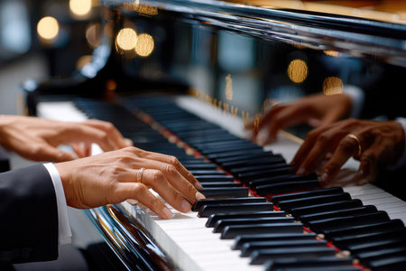 Hands gently glide over piano keys in a warm, intimate setting, creating beautiful melodies late in the evening.の写真素材