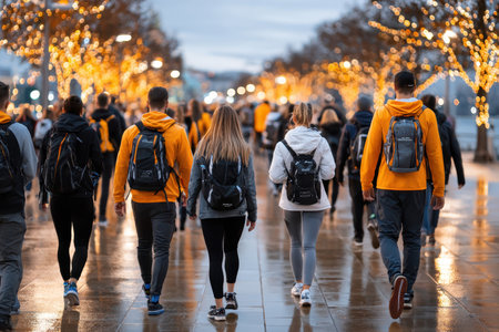 Several individuals stroll together along a waterfront pathway, surrounded by glowing lights at dusk.の写真素材