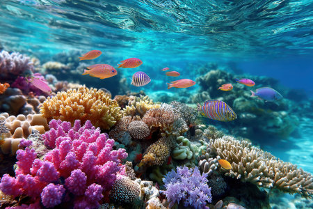 Colorful fish swim among a vibrant coral reef in clear blue waterの写真素材