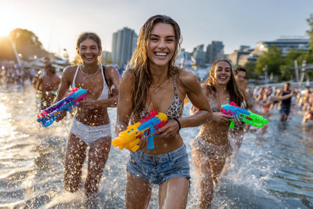 Friends joyfully splash through water during a summer festival, wielding colorful water guns and smiling.の写真素材