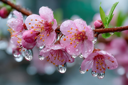 Closeup of pink blossoms with raindrops on a branchの写真素材