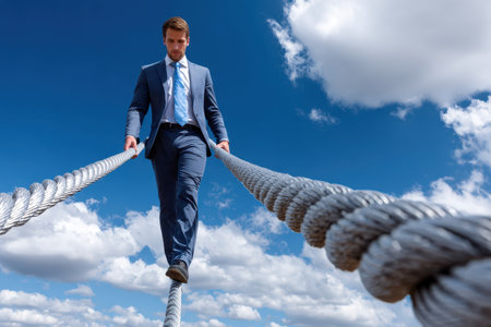 A man in a suit expertly walks on a rope high above the ground under a bright sky.の写真素材