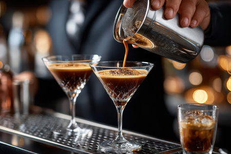 A bartender carefully pours coffee mixture into elegant glasses in a vibrant bar setting.の写真素材