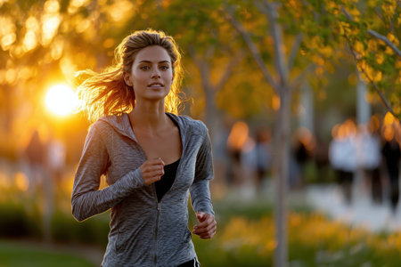 A woman jogs in a park at sunsetの写真素材