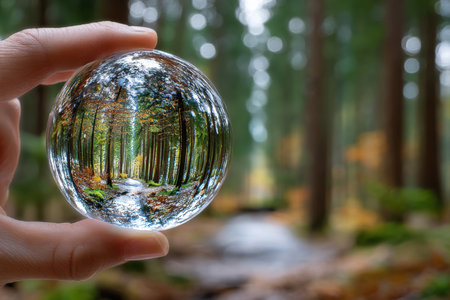 Fingers holding a crystal ball reflecting on an autumn forest pathの写真素材