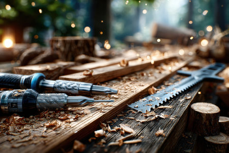 Carpentry tools and wood shavings rest on a wooden table in a workshopの写真素材