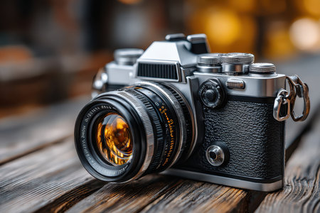 A close-up shot of a vintage camera on a wooden table, with a nostalgic, creative mood, shot with a 50mm lens, celebrating the history of photographyの写真素材