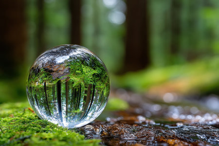 A crystal ball rests by a stream, reflecting the surrounding forestの写真素材