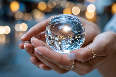 A person holds a clear crystal ball in their hands, reflecting colorful lights in a vibrant urban environment.の写真素材