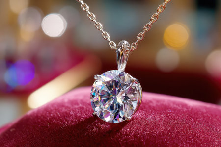 A close-up shot of a diamond necklace on a velvet cushion, under soft, warm light, shot with a macro lensの写真素材