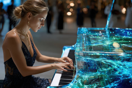 A talented musician plays a clear piano with vibrant lighting at a lively indoor event.の写真素材