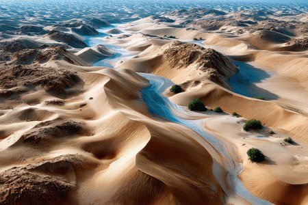 An aerial view of a desert landscape with flowing water amidst sand dunesの写真素材