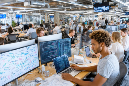 A bustling tech startup office, shot with a wide-angle lens, under fluorescent lights, focusing on a team brainstorming on a whiteboard, ultrarealistic photo --ar 3:2 --raw --profile nk3i4wf --stylize 250 --v 7 Job ID: 81b366df-38ee-4634-99f3-9b4db745650cの写真素材