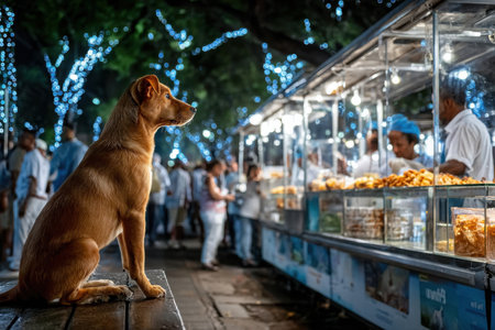 A dog sits on a bench, observing a bustling night marketの写真素材