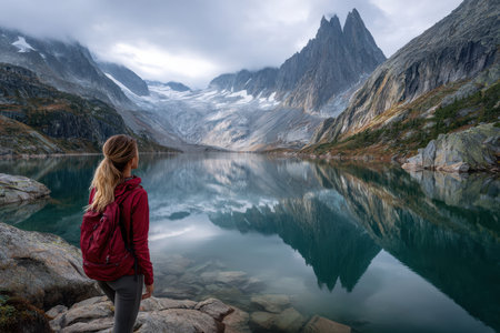 A hiker stands at the edge of a serene lake, gazing at majestic mountains and glaciers under cloudy skies.の写真素材