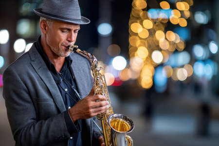 Saxophonist plays soulful music on a city street highlighted by beautiful bokeh lights at night.の写真素材