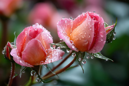 Two pink roses with water drops on their petalsの写真素材