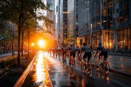 A group of cyclists pedals down a city street, illuminated by a warm sunset glow after rain.の写真素材