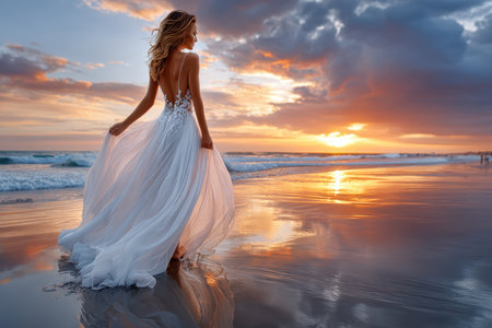 A woman in a flowing white dress strolls along the beach, with a stunning sunset reflecting on the water.の写真素材