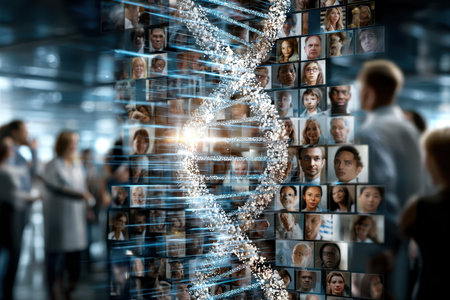 Individuals gather in a modern lab as DNA strands blend with various faces, showing diversity in genetics.の写真素材