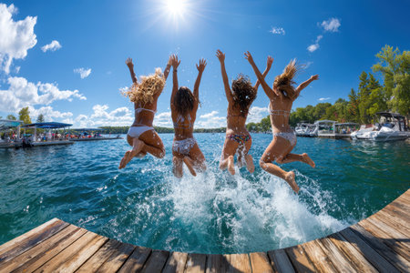Four friends jump off a dock into a sparkling lake, celebrating a sunny summer day filled with laughter.の写真素材
