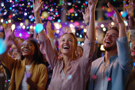 Group of happy people raising their hands in celebration as colorful confetti fills the air at night.の写真素材