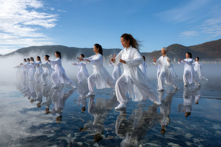 Participants perform tai chi in unison on a tranquil lake during early morning with mist rising.の写真素材