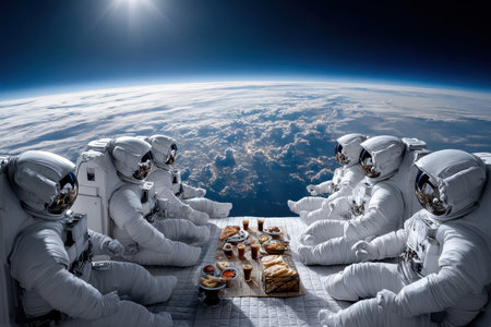 A group of astronauts is gathered around a table enjoying a meal while floating in space, with Earth visible below.の写真素材