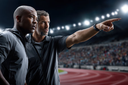 Under stadium lights, a coach provides guidance to an athlete before a race, emphasizing strategy and focus.の写真素材