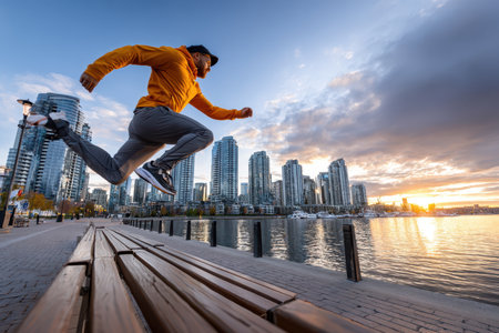A person in an orange hoodie leaps on a boardwalk next to a lake as the sun sets behind skyscrapers.の写真素材