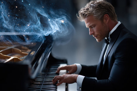 A dapper man in a tuxedo passionately plays the piano while cosmic imagery swirls around him.の写真素材