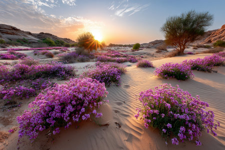Purple flowers bloom across desert sand dunes at sunriseの写真素材