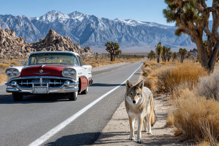 A vintage car on a desert road, under harsh, midday sun, shot with a telephoto lens, with a surprise element of a coyote chasing itの写真素材