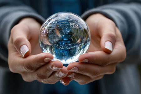 Hands gently cradle a crystal sphere that reflects colorful lights and decorations in a lively environment.の写真素材