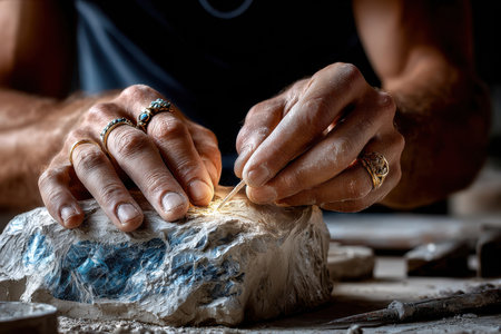 Close up of hands carving a blue stone with a toolの写真素材