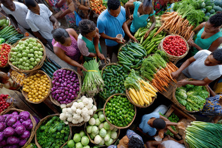 Overhead view of a crowded outdoor market with vendors selling fresh produce in basketsの写真素材