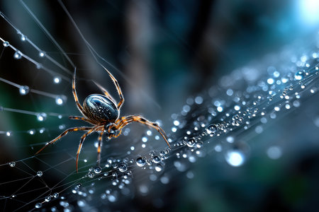 A spider sits on its glistening web covered in water dropletsの写真素材