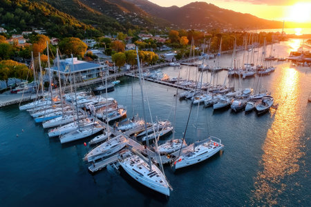 Aerial view of a marina with numerous sailboats at sunsetの写真素材