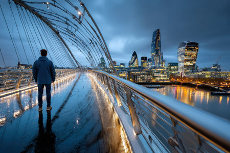 A man standing on a bridge, looking at a futuristic cityscape at dusk, shot with a long exposure to capture the city's lights, representing the intersection of humanity and technology, ultrarealistic photo --ar 3:2 --raw --profile nk3i4wf --stylize 250 --v 7 Job ID: 8045b6bc-cb40-42be-8b58-7c3a0b1998f4の写真素材