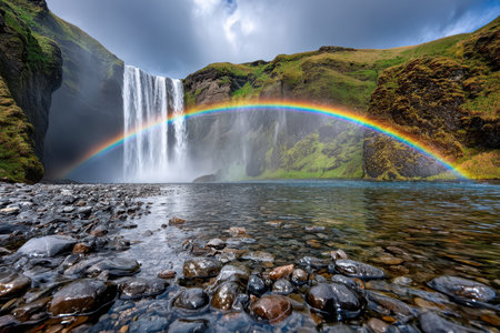A waterfall cascades into a rocky river with a rainbow arching over itの写真素材