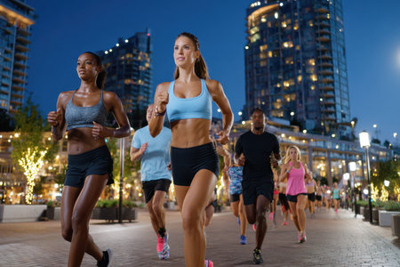 Participants run through a vibrant city area surrounded by tall buildings and lights during the evening.の写真素材