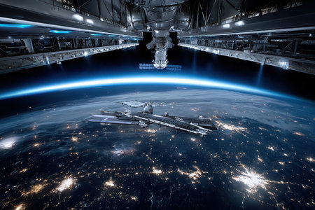 A space station orbits Earth at night, city lights visible belowの写真素材