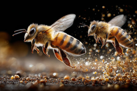 Bees buzz around, gathering pollen from vibrant flowers in a sunny spring garden, highlighting their vital role.の写真素材