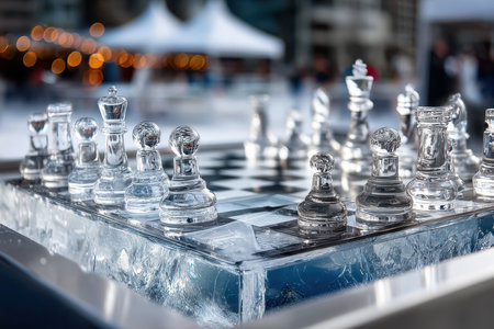 An elegant chess set made of crystal pieces is showcased on ice, surrounded by festive decorations during winter.の写真素材