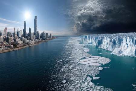 A striking divide between melting glaciers and a bustling city under a bright sun showcases climate change.の写真素材