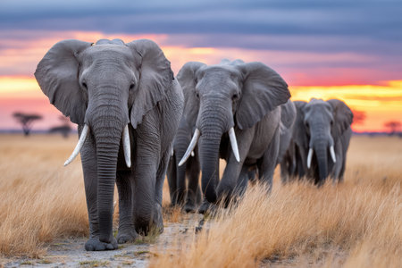 Elephants walk through savanna grass at sunsetの写真素材