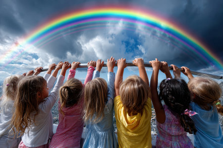 A group of children joyfully watches a colorful rainbow stretching across a dramatic sky filled with clouds.の写真素材