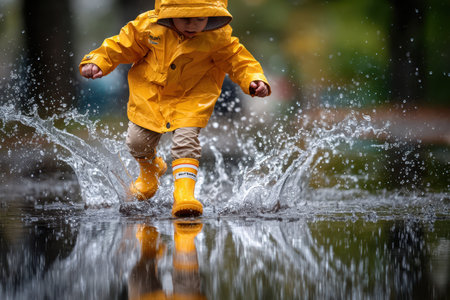 A child in a yellow raincoat and boots happily splashes in puddles on a rainy day in the park.の写真素材